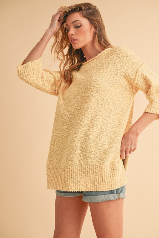 Aemi + Co Side Slit Ribbed Hem Round Neck Sweater