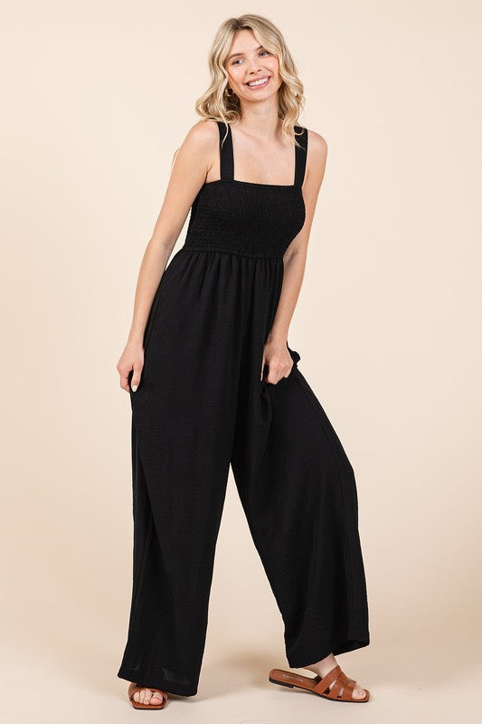 Mittoshop Smocked Wide Strap Wide Leg Overalls