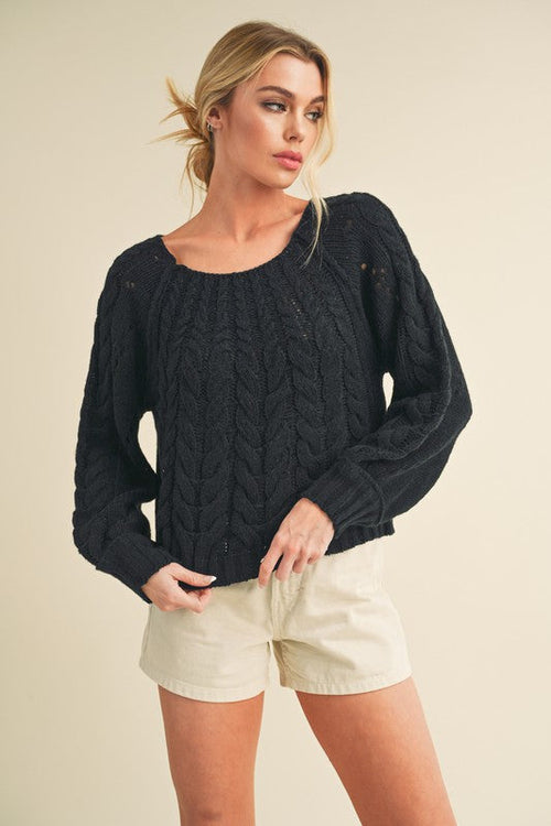 Aemi + Co Cable-Knit Openwork Round Neck Sweater